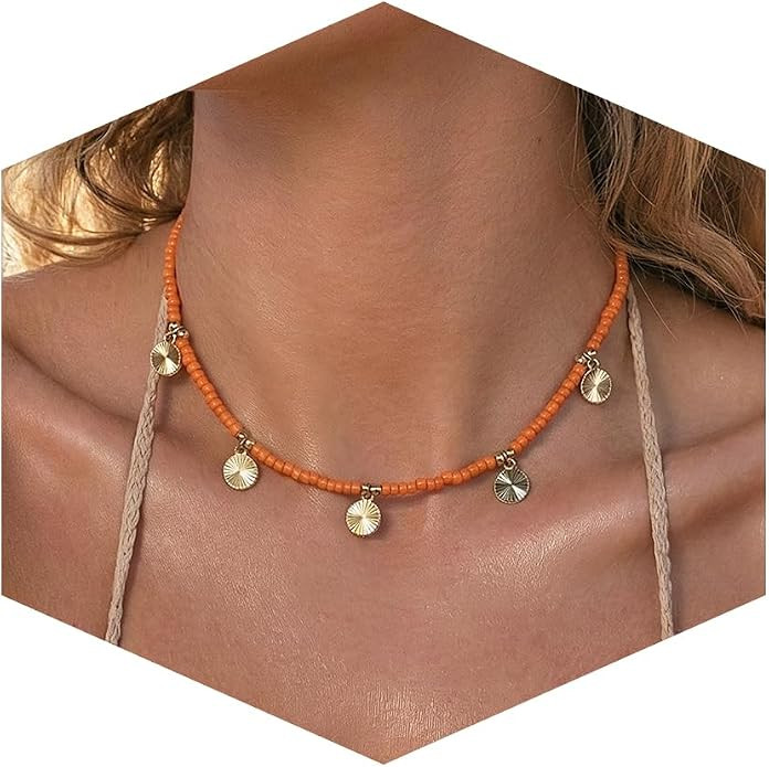Colorful Boho Bead Choker Necklace Handmade Beaded Necklace Personalized Surfer Beach Necklaces f... | Amazon (US)
