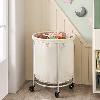 SONGMICS Laundry Basket with Wheels, Rolling Laundry Hamper, Round Laundry Cart with Steel Frame ... | Amazon (US)