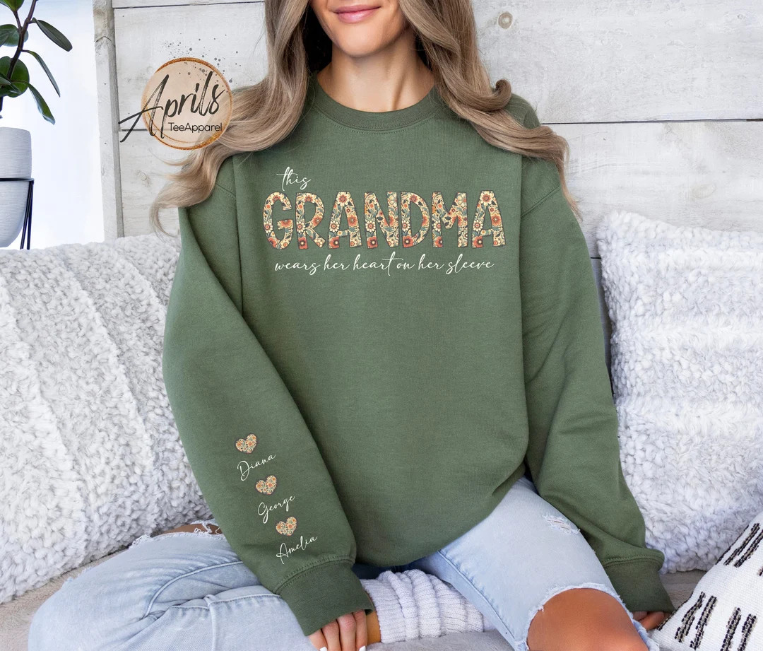Custom Grandma Heart Sleeve Sweatshirt - Personalized Grandparent Gift - Etsy | Etsy (US)