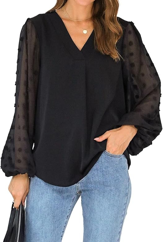 Blooming Jelly Womens Black Blouse V Neck Lantern Sleeve Chiffon Swiss Dot Business Casual Tops S... | Amazon (US)