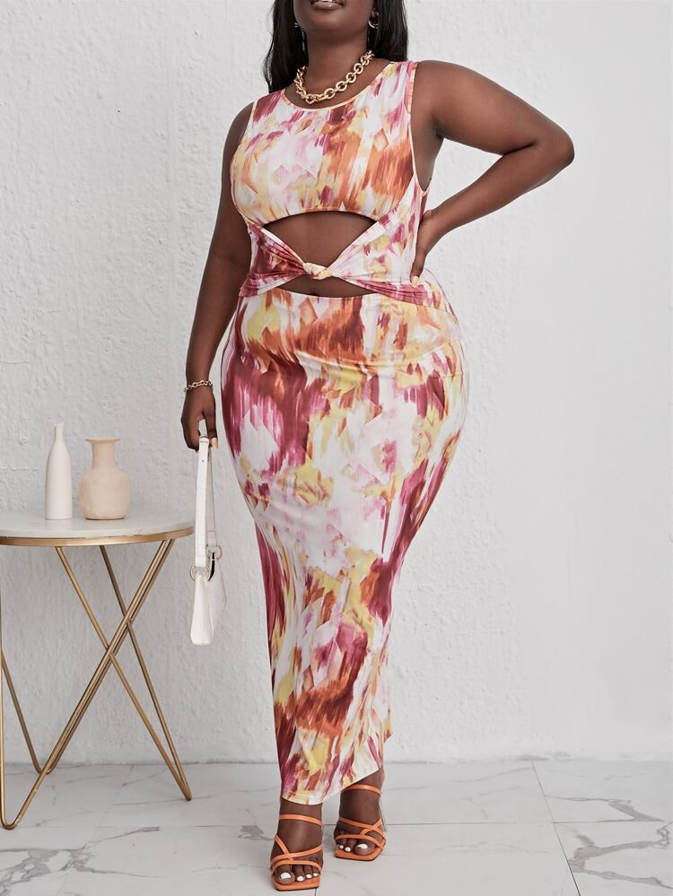 SHEIN SXY Plus Tie Dye Twist Front Peekaboo Dress | SHEIN