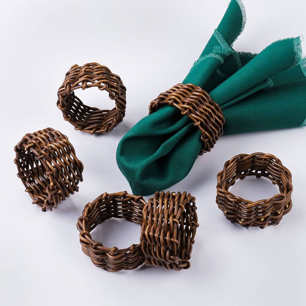 Woven Napkin Rings Set of 6,Handmade Rattan Fall Napkin Rings Holders,Natural Napkin Buckles Hold... | Amazon (US)