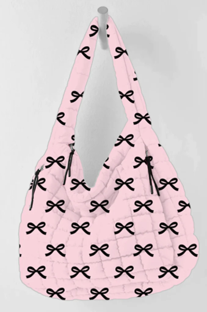 Black & Pink Mini Coquette Bows Quited Hobo Tote Bag | Katydid.com