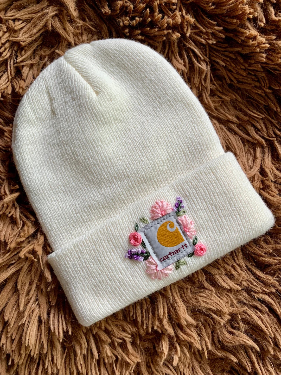 Hand embroidered flower Carhartt beanie hat for adults and/or children. | Etsy (US)