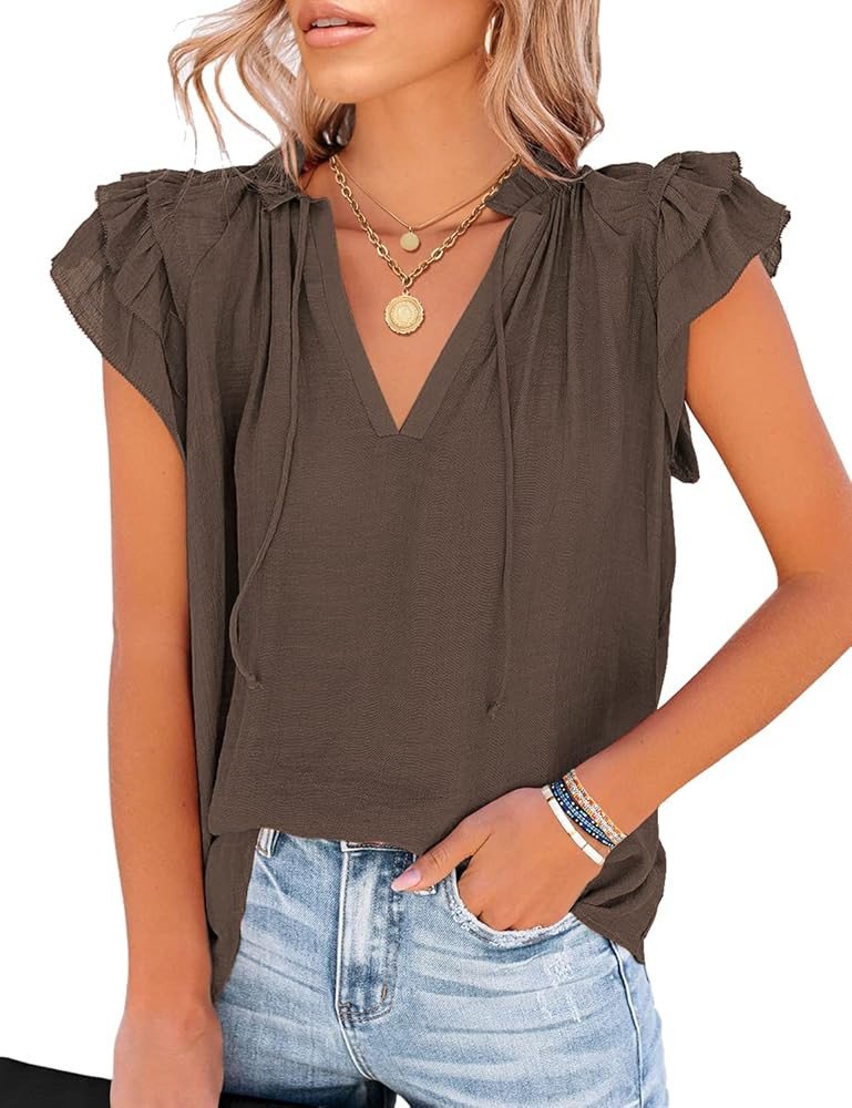 LookbookStore Women's Casual V Neck Tops Ruffle Flutter Shirt Cap Sleeve Blouse | Amazon (US)