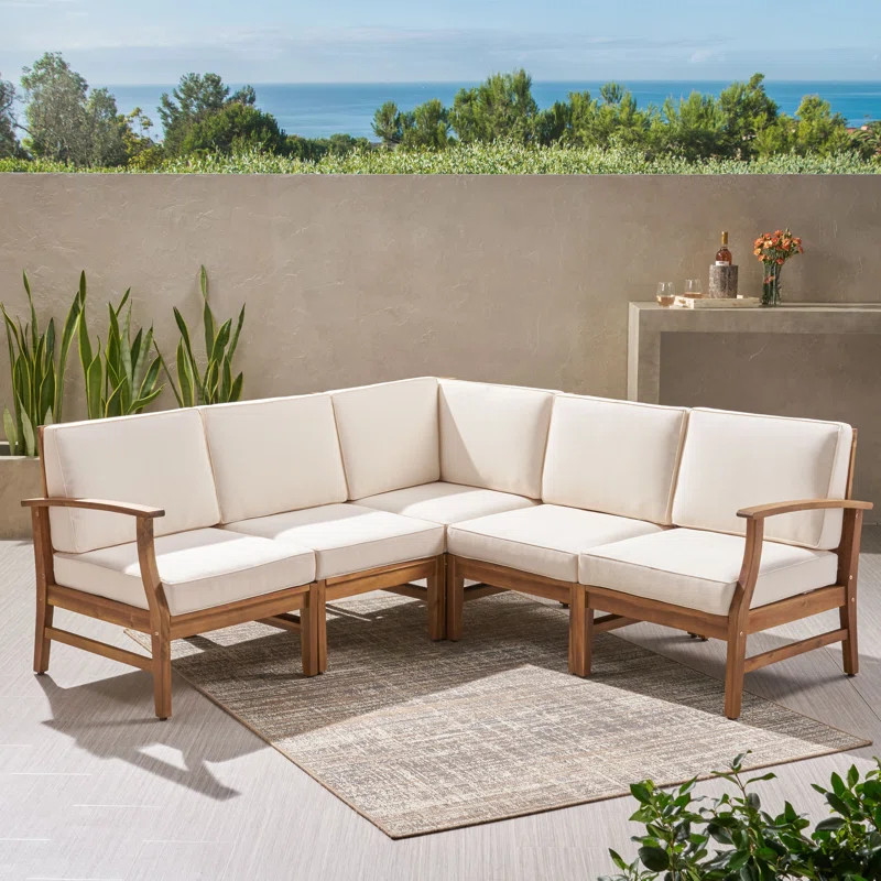 Cream Antonia Teak Patio Sectional with Cushions | Wayfair North America
