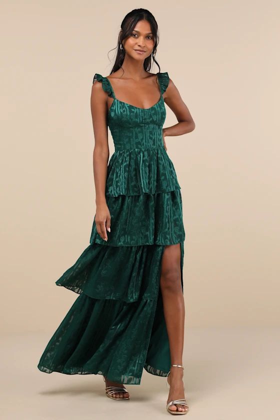 Stunning Glory Hunter Green Floral Jacquard Tiered Maxi Dress | Lulus