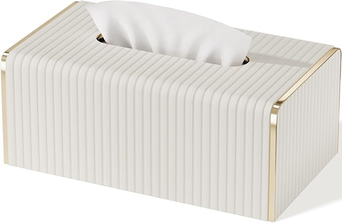 Tissue Box Cover,White Rectangle Leather Tissue Box Holder with Gold-Tone Edging Decoration,Decor... | Amazon (US)