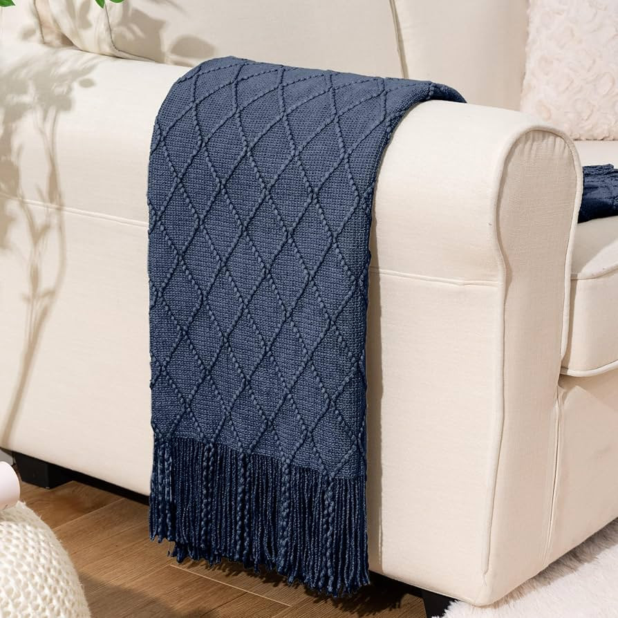 BATTILO HOME Navy Blue Throw Blanket with Fringe, Geometric Bed Blue Throws, Spring Decorative La... | Amazon (US)