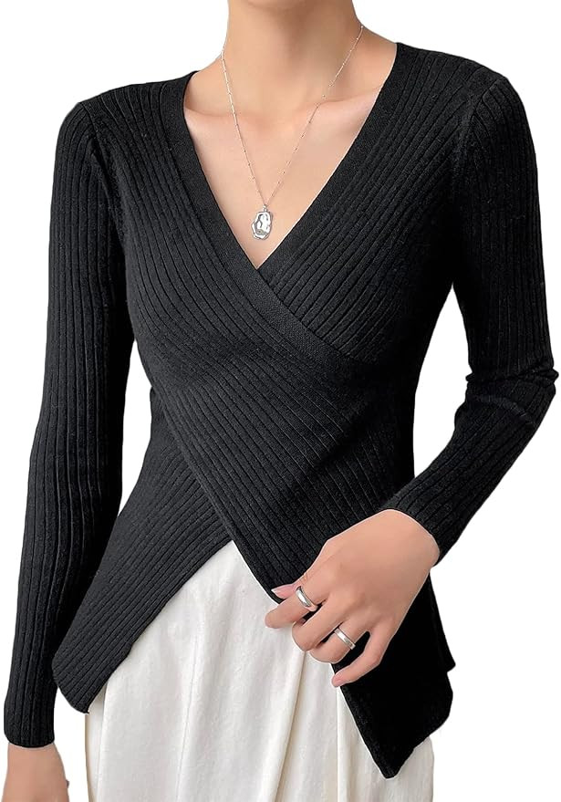 Milumia Women's Wrap V Neck Knitted Pullover Sweater Long Sleeve Slim Fitted T-Shirts | Amazon (US)