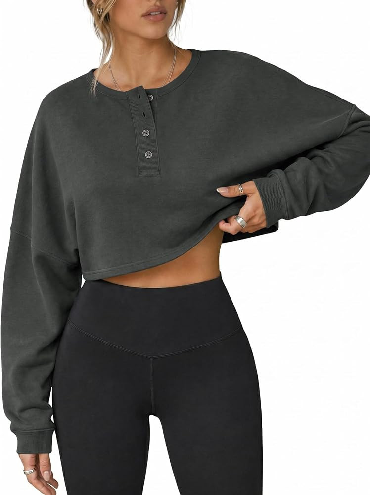 Fisoew Womens Cropped Sweatshirts Oversized Long Sleeve Tops Henley Neck Casual Pullover Tee Shir... | Amazon (US)