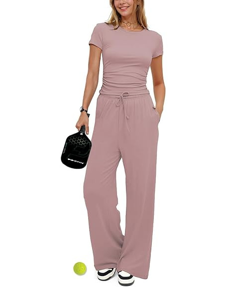 Darong Women's 2 Piece Outfits Lounge Sets Ruched Short Sleeve Tops High Waisted Wide Leg Pants T... | Amazon (US)