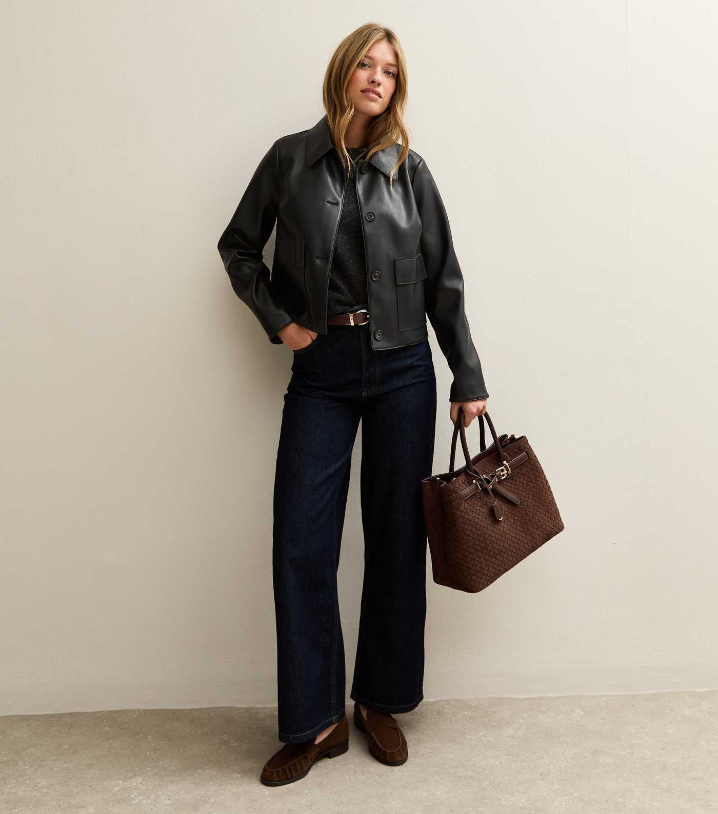 Black Faux Leather Button Through Patch Pocket Jacket | New Look | New Look (UK)