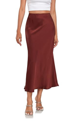 SITELUOYG Women's Silk Satin Maxi Skirts Stretchy High Waist Casual A-Line Fishtail Long Skirt Brown | Amazon (US)