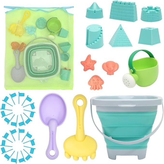 RACPNEL Beach Toys Sand Toys Set for Kids, Collapsible Sand Bucket and Shovels Set with Mesh Bag,... | Amazon (US)