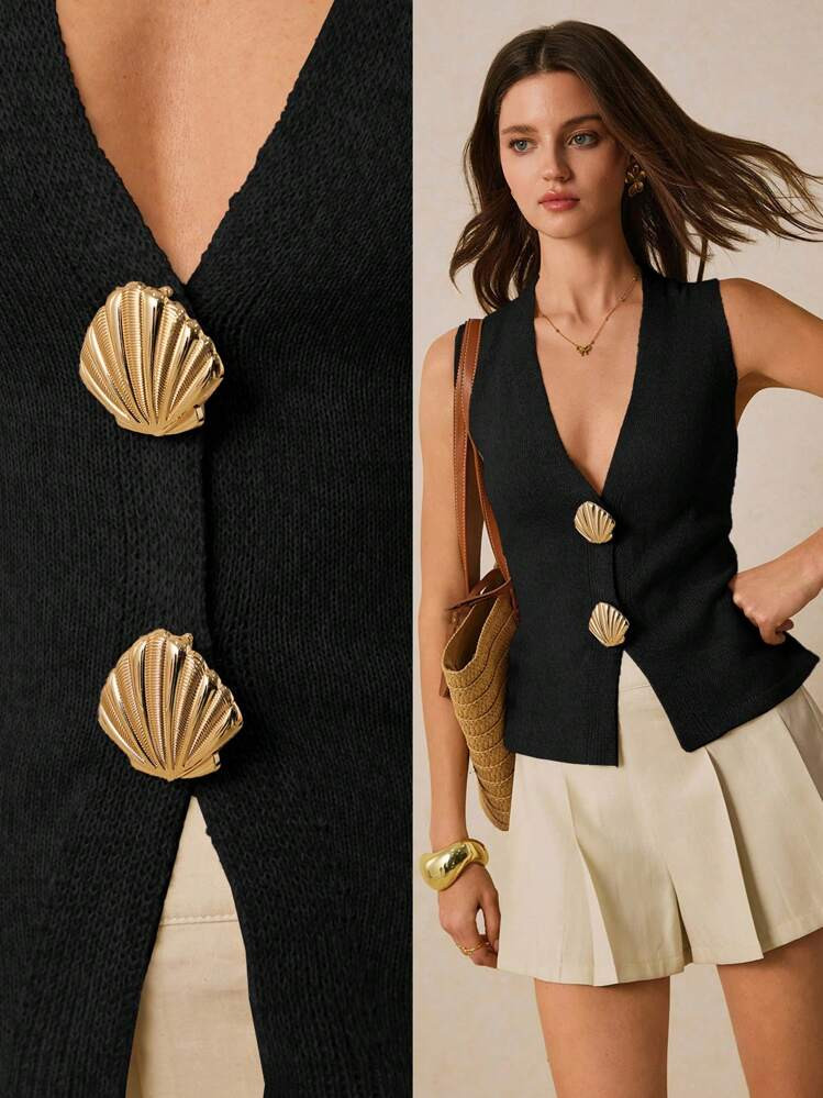 Poéselle Women's Solid Color V-Neck Shell Button Front Sleeveless Thin Cardigan | SHEIN