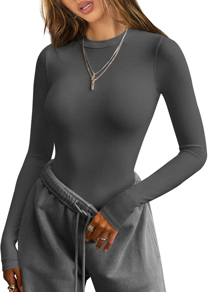 Women Long Sleeve T Shirts Crew Neck Ribbed Top for Women Going Out Workout Basic Tight Tee Fitte... | Amazon (US)