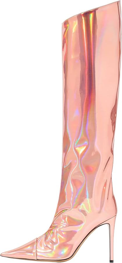 Arqa Women's Metallic Knee High Boots Stiletto High Heels Wide Calf Boot with Zipper Pointed Toe ... | Amazon (US)