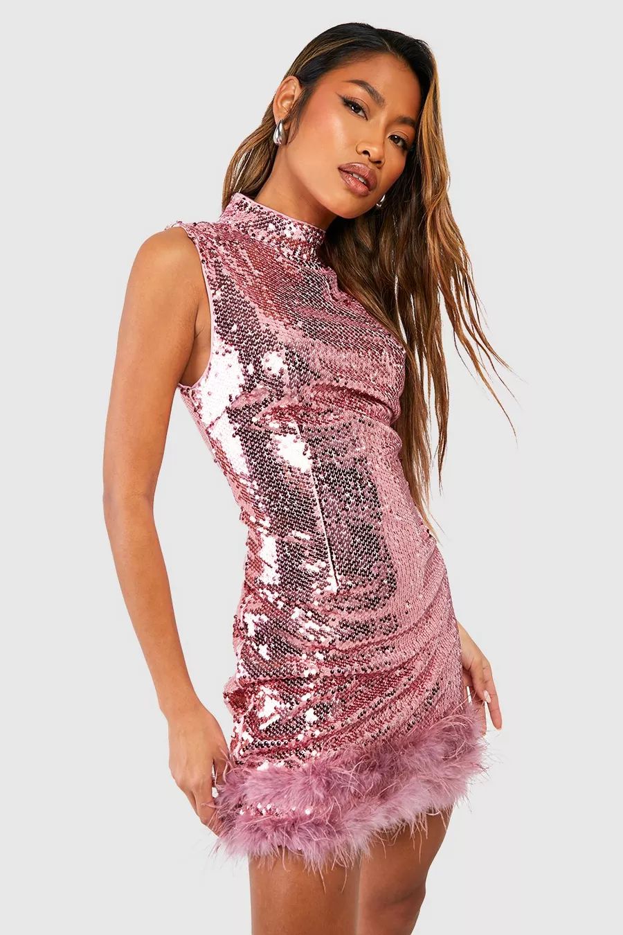 Sequin High Neck Feather Detail Party Dress | boohoo (US & Canada)