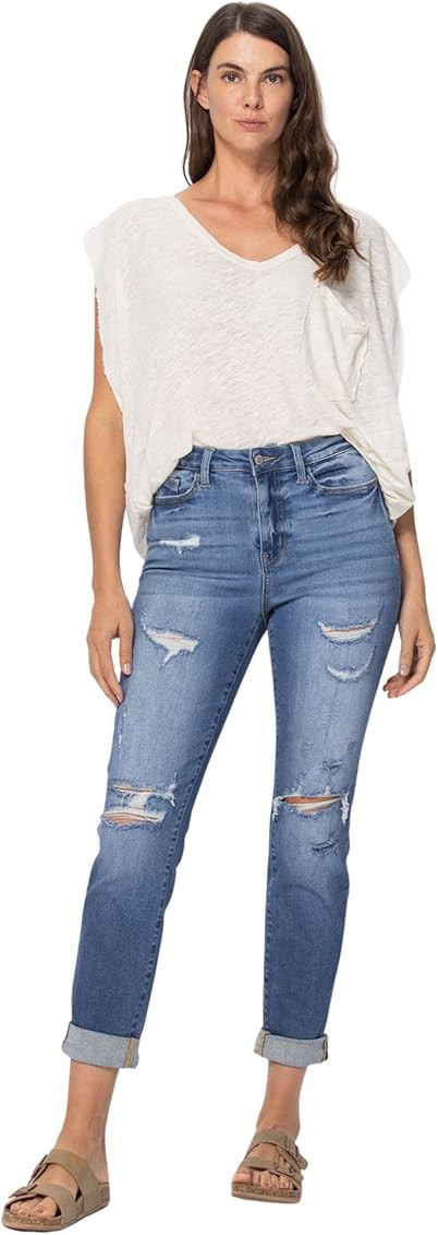 Judy Blue High Waist Destroyed Cuffed Boyfriend Denim Jeans | Amazon (US)