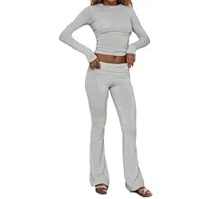 AnotherChill Women's 2 Piece Lounge Sets Fold-over Flare Pants Set Long Sleeve Cropped Top Casual... | Amazon (US)