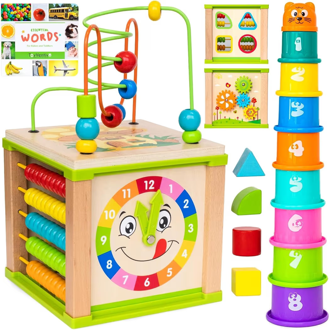 Wooden Kids Baby Activity Cube - Boys Gift Set | One 1, 2 Year Old Boy Gifts Toys | Developmental... | Amazon (US)