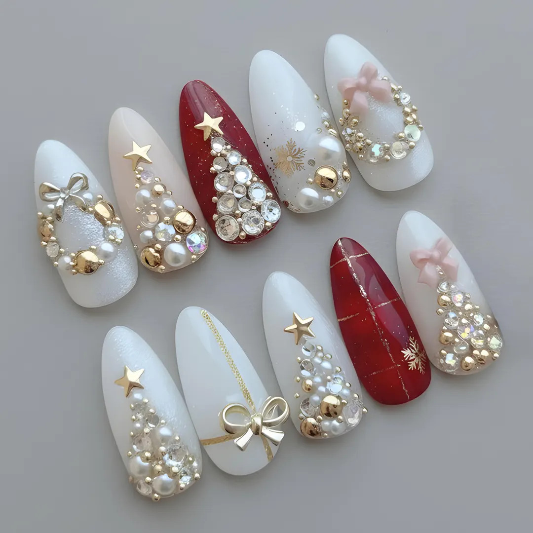 Luxury Christmas Press on Nails, Red and White Holiday Nail Set With Rhinestone Tree, Festive Hol... | Etsy (US)