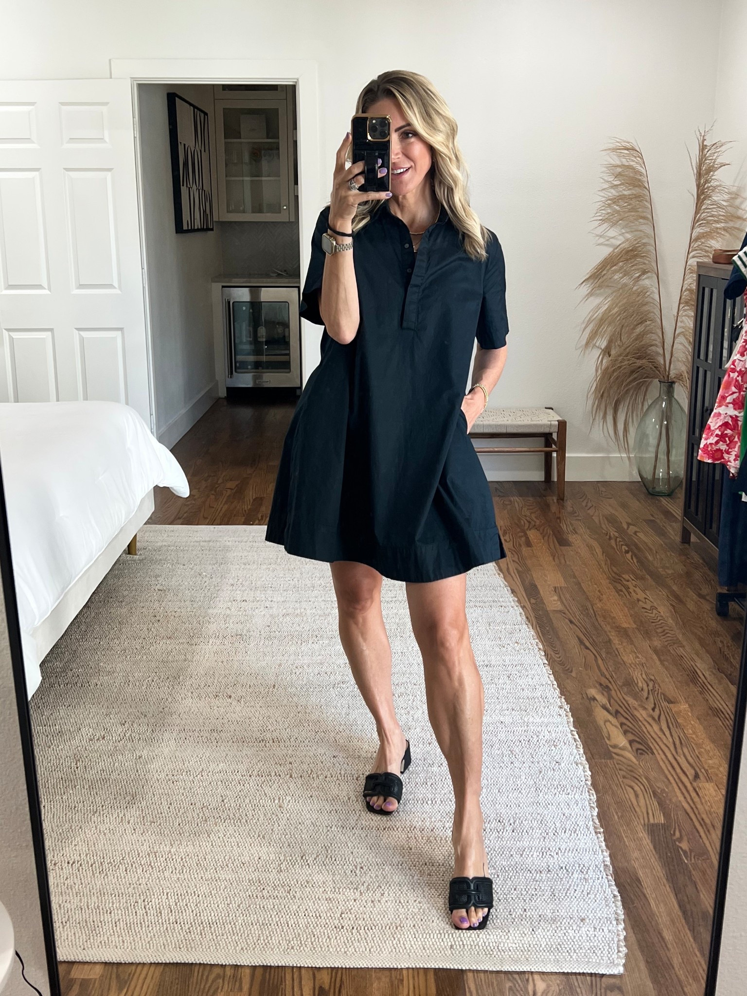 The easiest shirt dress w/pockets. Fits tts but also fits a bit oversized.

On sale: $10 

