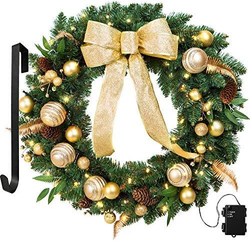 LIFEFAIR Artificial Christmas Wreaths, 24 Inch Wreath Gold Bowknot, Berry, Ball, with 50 Battery ... | Amazon (US)