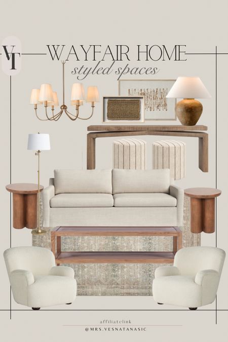 Wayfair 5 days of Deals! Styled living room for inspo with neutral wood tones from Wayfair! Obsessed with every single piece! I love a little contrast with subtle pattern in rugs and ottomans. 

@wayfair #wayfairfinds #wayfairhome #wayfair #home #homedecor #livingroom sofa, coffee table, coffee table decor, side table, console table, table lamp, chandelier, rug, chair, framed art, neutral home, sofa, couch, #wayfair #sale #ad 

#LTKstyletip #LTKsalealert #LTKhome