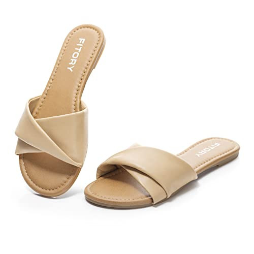FITORY Women's Flat Sandals Fashion Slides With Soft Leather Slippers for Summer Size 11 | Amazon (US)