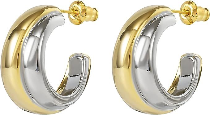 PICKBEAU Two Tone Hoop Earrings for Women,Trendy Sterling Silver Gold C Shaped Hoop Earrings for ... | Amazon (US)