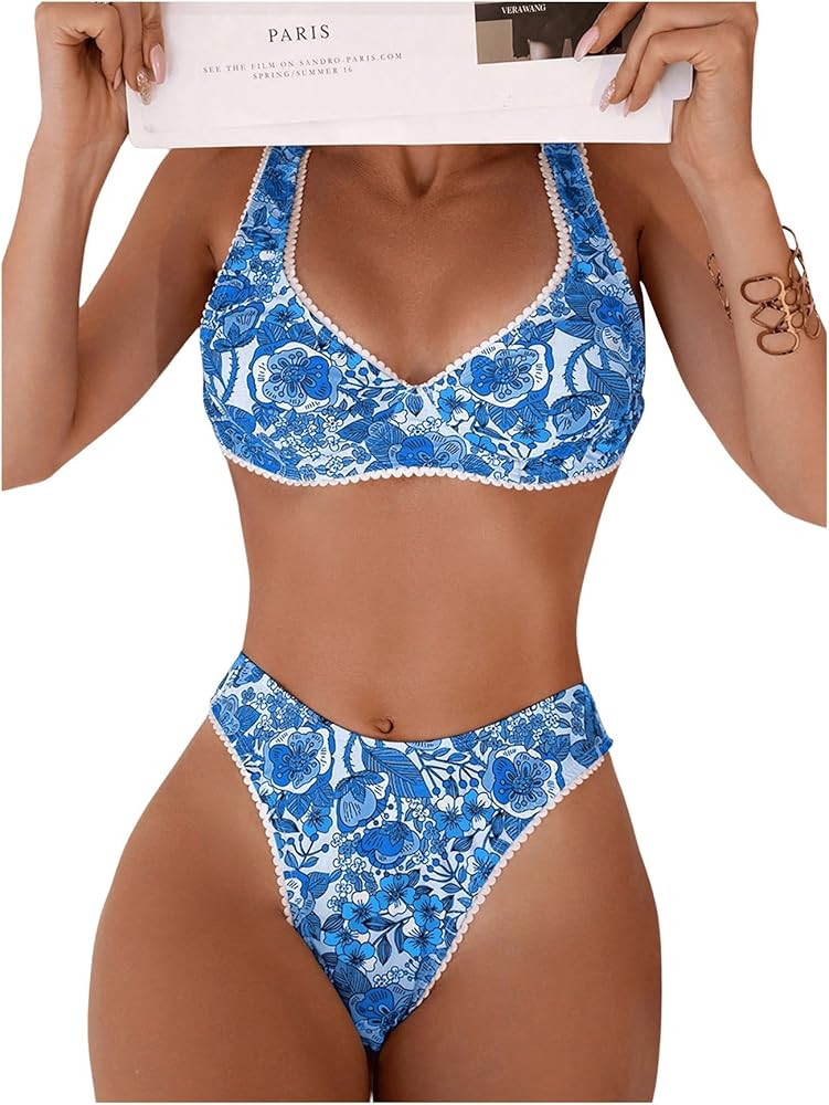 Milumia Women's 2 Piece Floral Print Swimsuits Knot Back Underwire High Cut Bikini Sets | Amazon (US)