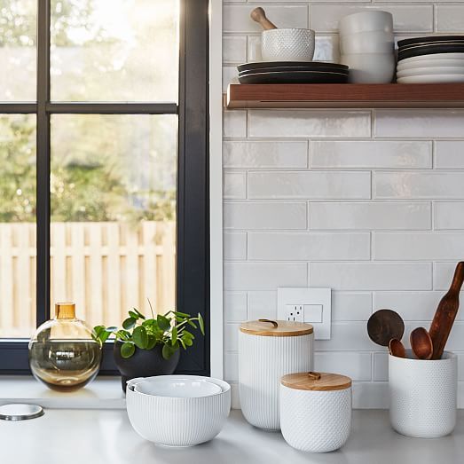 Textured Stoneware Kitchen Canisters w/ Wood Tops - White | West Elm (US)