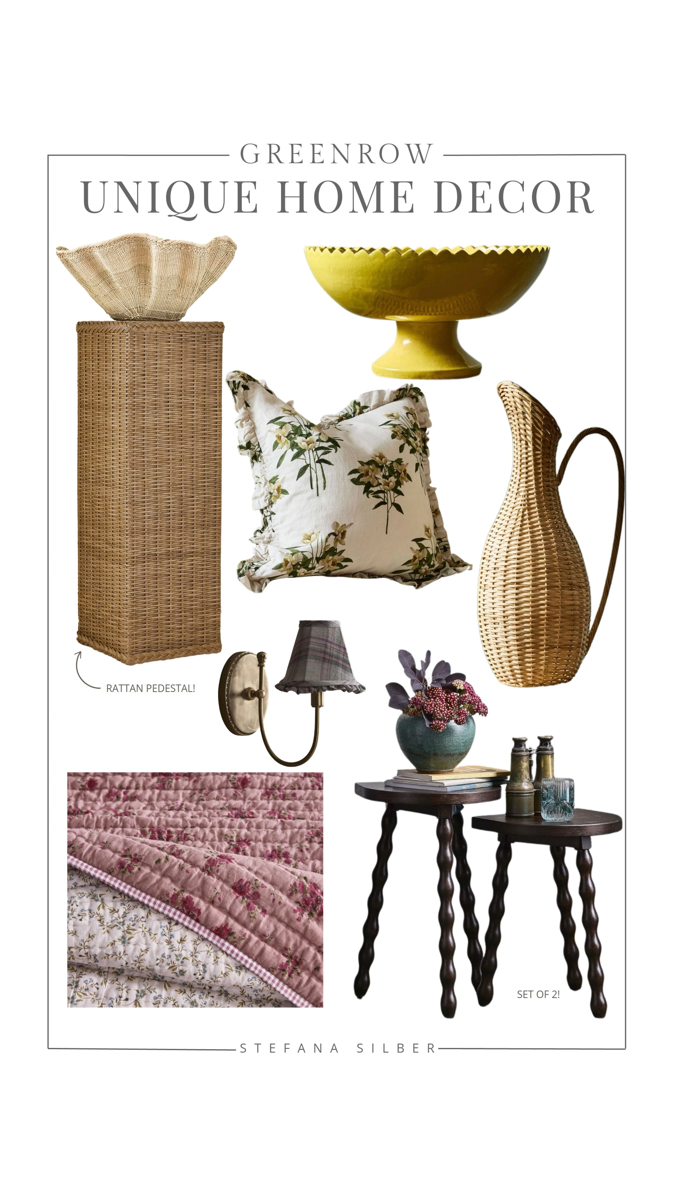 Unique and colorful home decor finds at GreenRow! 

Rattan pedestal, spindle leg stools, reversible quilt, wicker pitcher, decorative bowl, pillow cover, wall sconce, Anthropologie style, McGee and Co style

#LTKWatchNow #LTKStyleTip #LTKHome