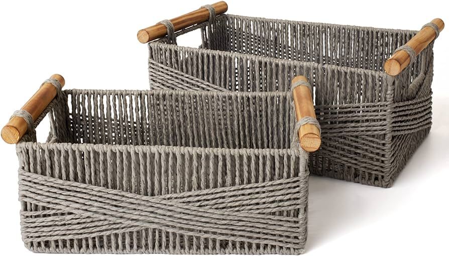 LA JOLIE MUSE Wicker Storage Baskets for Organizing, Recyclable Paper Rope Basket with Wood Handl... | Amazon (US)