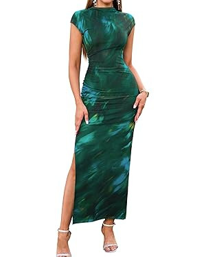 HTZMO Women Summer Floral Bodycon Maxi Dress Ruched Cap Sleeve Wedding Guest Formal Party Elegant... | Amazon (US)