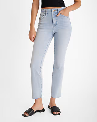 High Waisted Light Wash Raw Hem FlexX Cropped Flare Jeans | Express