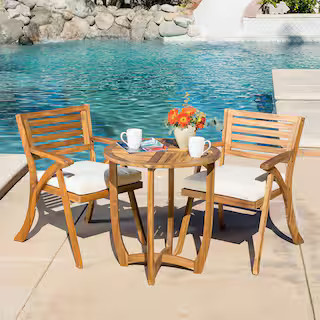 Noble House Coronado Teak Brown Finish 3-Piece Wood Round Outdoor Patio Bistro Set with Cream Cus... | The Home Depot