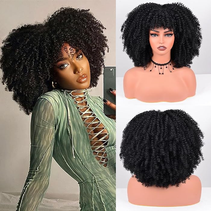 Afro Curly Wig with Bangs Short Kinky Curly Synthetic Wig for Black Women | Amazon (US)