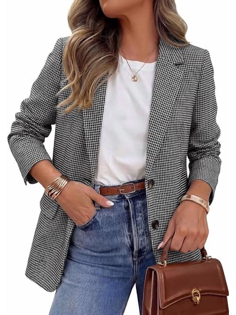 PRETTYGARDEN Fall Blazers for Women Business Casual | Long Sleeve Plaid Houndstooth, Notch Lapel ... | Walmart (US)