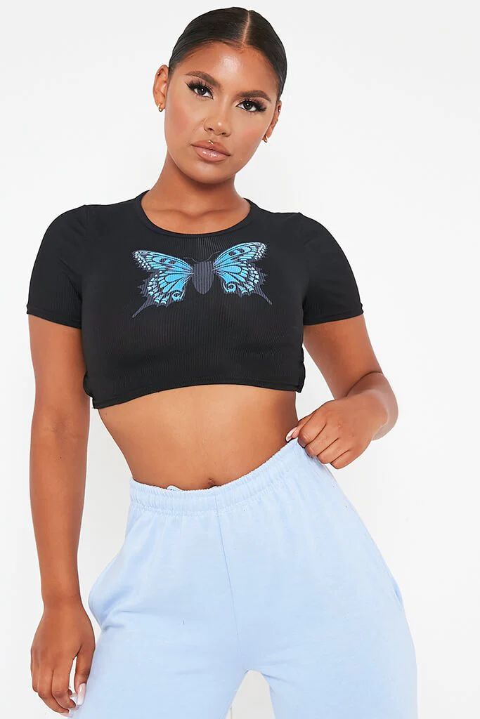 Black Butterfly Printed Ribbed Crop Top | ISAWITFIRST