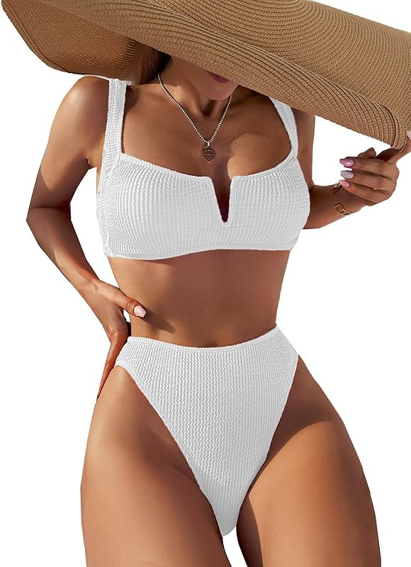 YELAIVP Women's Ribbed V-Wired High Waisted Bikini Padded Crop Top High Cut Two Pieces Swimsuits | Amazon (US)