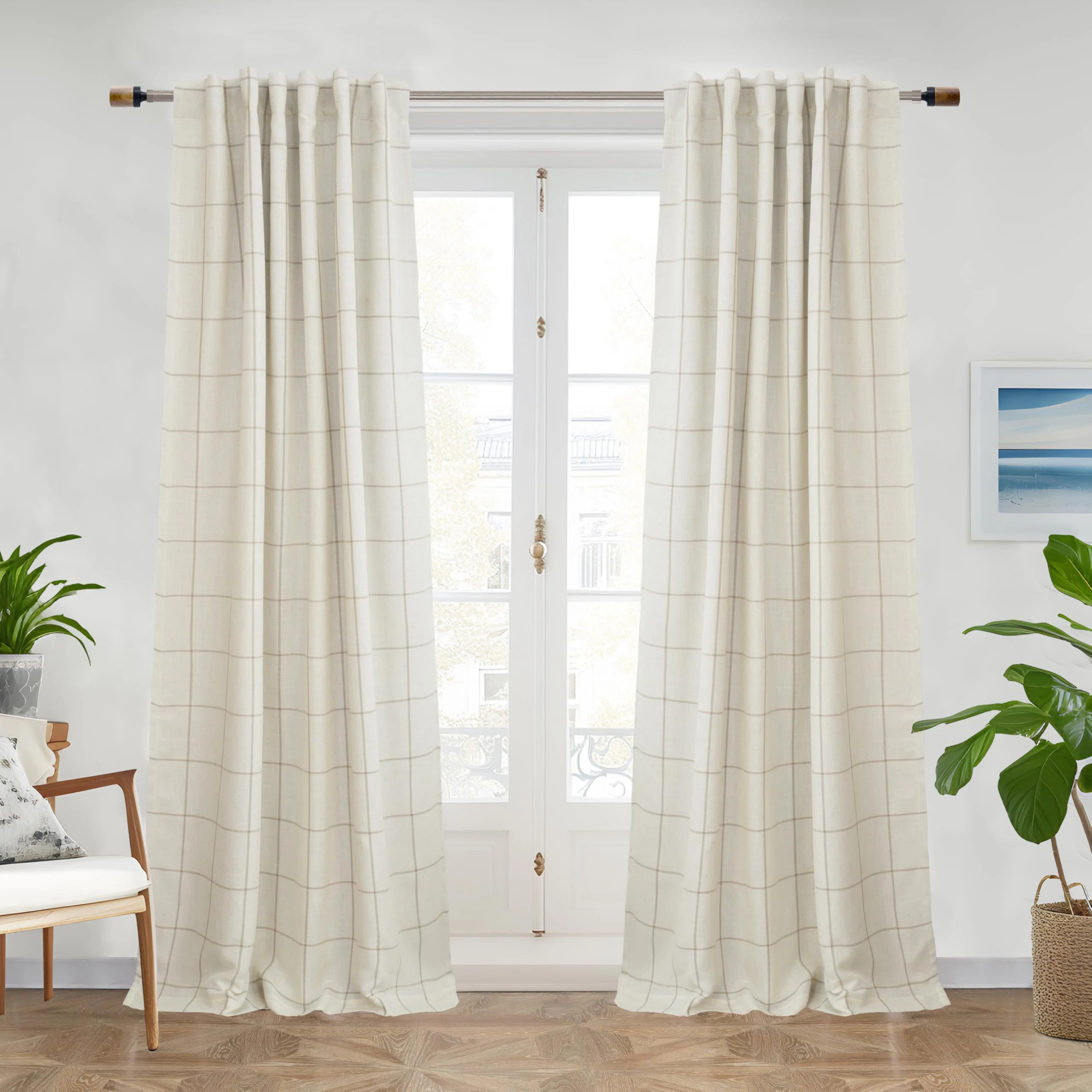 2 Panels 100% Blackout Windowpane Plaid Linen Curtains Double Layer Drapes (Set of 2) | Wayfair North America