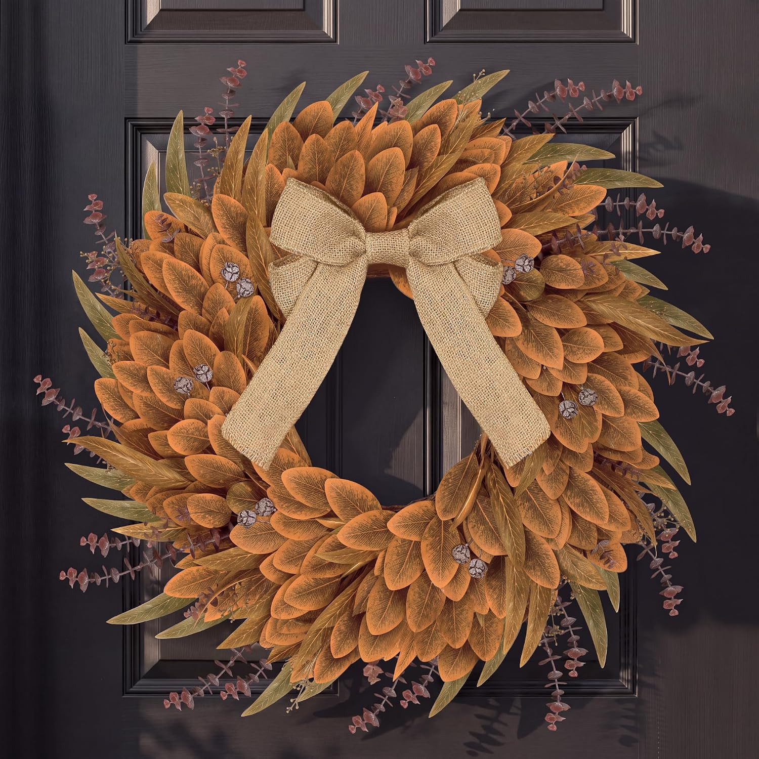 24 Inch Fall Wreath for Front Door, Large Autumn Eucalyptus Wreath with Burlap Bow, Artificial Amber Leaf Farmhouse Front Porch Decor for Thanksgiving Harvest Celebration | Amazon (US)