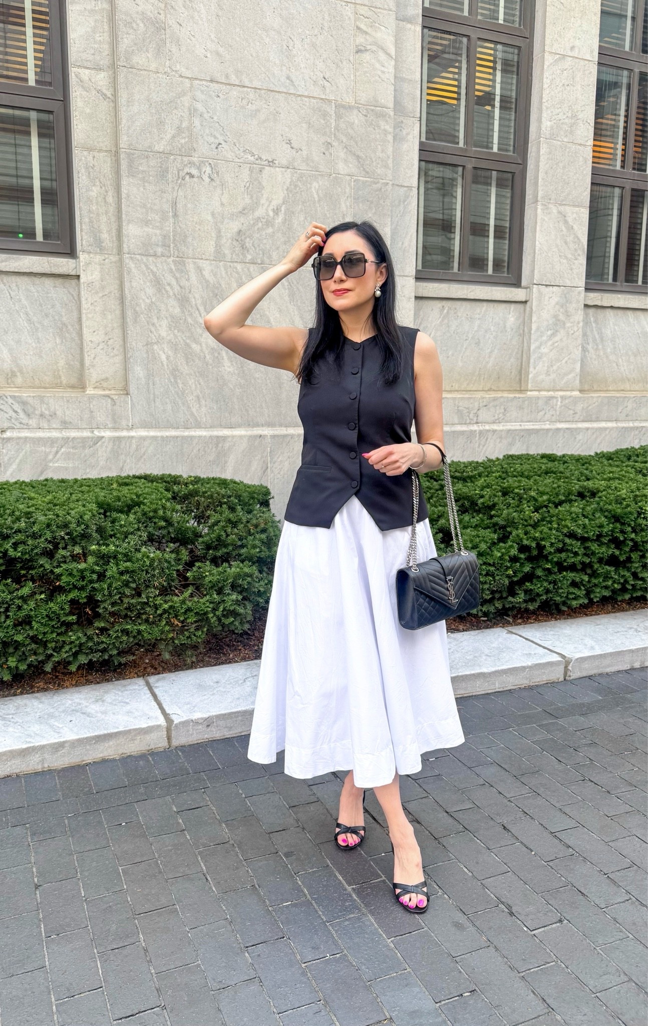 Classy summer outfit 🖤🤍

Black vest 
White midi skirt size 4, fits slightly big 
Black heeled sandals size 37.5, sized up half size 

Happy hour outfit 
Date night outfit

#LTKSeasonal #LTKSaleAlert #LTKOver40