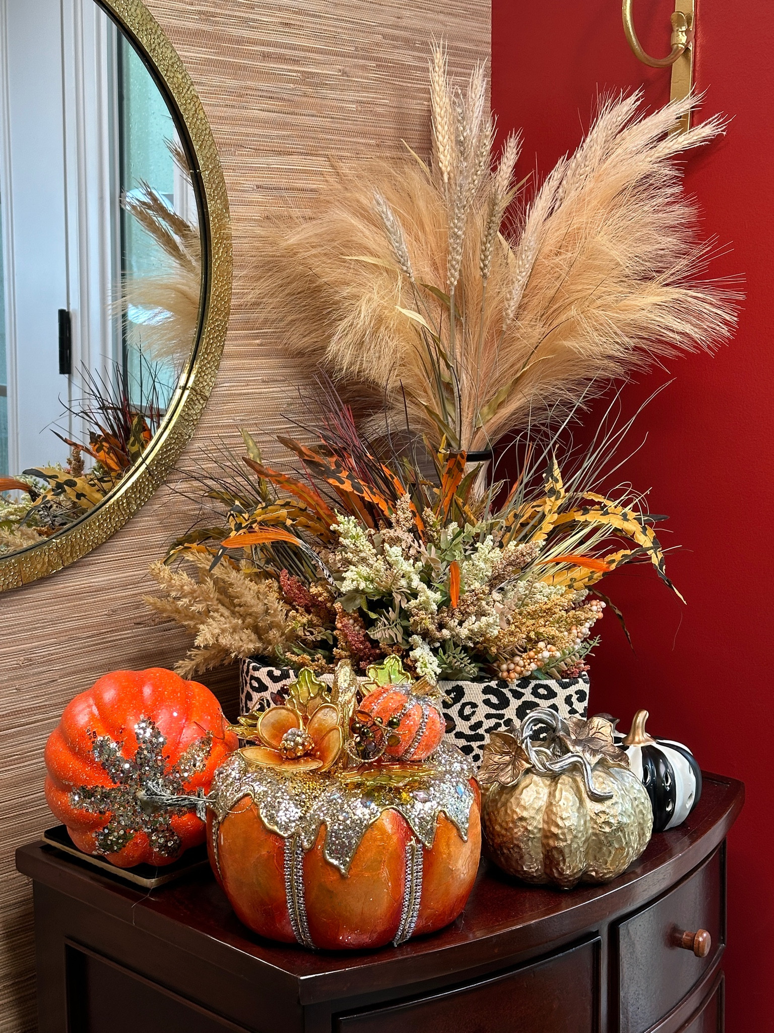 Fall Decoration.  Pumpkins, pampas Grass, feathers, cheetah leopard container, tabletop ideas and style inspo

#LTKSeasonal #LTKParties #LTKHome
