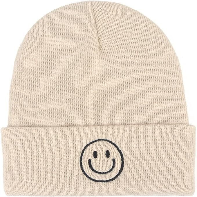 AJG Beanie Hats for Men,Unisex Smile Face Embroidered Acrylic Soft Warm Winter Cuffed Knit Hats f... | Amazon (US)