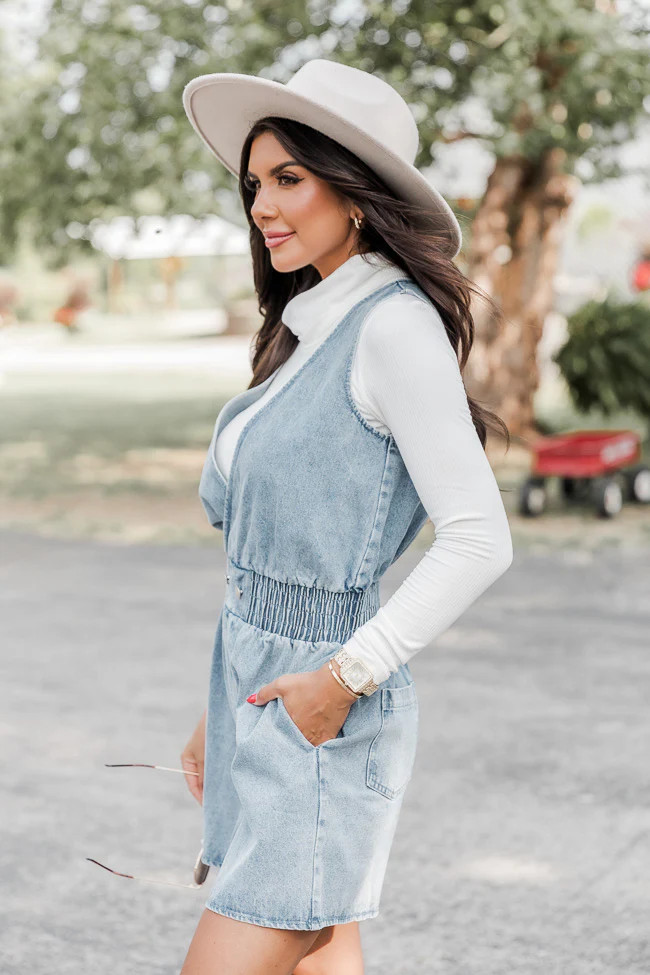 Waiting For You Denim Smocked Romper FINAL SALE | Pink Lily
