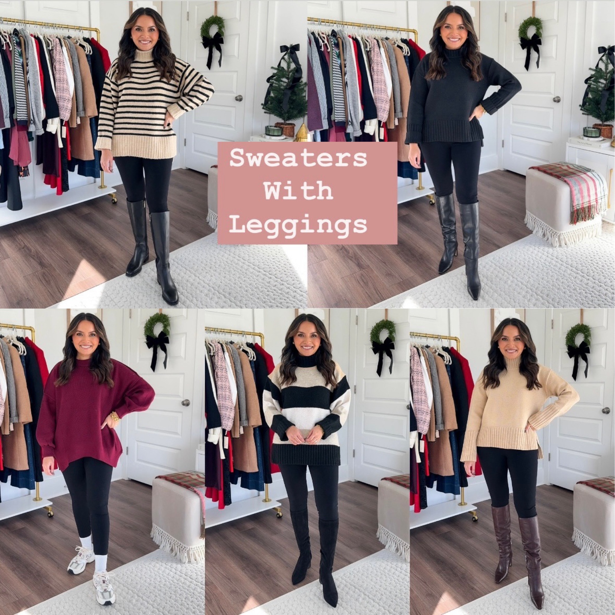 Camel and black striped sweater size XS TTS 
Black leggings size small regular TTS - go with the petite length for a more cropped length and regular length for a full length style
Waterproof black boots size 5.5 TTS

Black sweater size XS TTS 
Black leggings size small regular TTS - go with the petite length for a more cropped length and regular length for a full length style
Black boots size 5 TTS 

Burgundy sweater size XS TTS 
Black leggings size small regular TTS - go with the petite length for a more cropped length and regular length for a full length style
Burgundy and gray sneakers size 6.5 TTS color way Sea Salt / White / Mercury Red

Black and Tan and grey stripe sweater size XS TTS 
Black leggings size small regular TTS - go with the petite length for a more cropped length and regular length for a full length style
Suede Black boot size 5.5 TTS

Heather brown sweater size XS TTS 
Black leggings size small regular TTS - go with the petite length for a more cropped length and regular length for a full length style
Brown boots size 5 TTS 

Fall outfit 
Fall style 
Christmas sweaters 
Holiday sweaters 
Holiday outfits 
Petite 
Leggings 

Honey Sweet Petite 
Honeysweetpetite 

#LTKStyleTip #LTKSeasonal #LTKHoliday